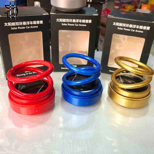 Car Solar Ring Air Freshener | Solar Automatic Rotating Dancing Double Ring Suspension | Car Aroma Diffuser Purifier | New Car Perfume | Multicolor | High Quality | Made in China | 84-DRSSAF361